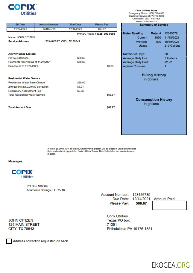 USA Corix Utilities bill template in Word and PDF format